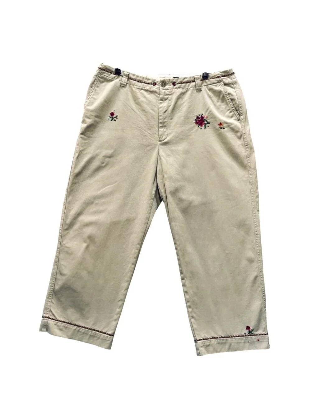 Vintage 90s Gap Clean Cut Khaki Capris Size 16 Chinos Embroidered Floral Artsy - Picture 1 of 13